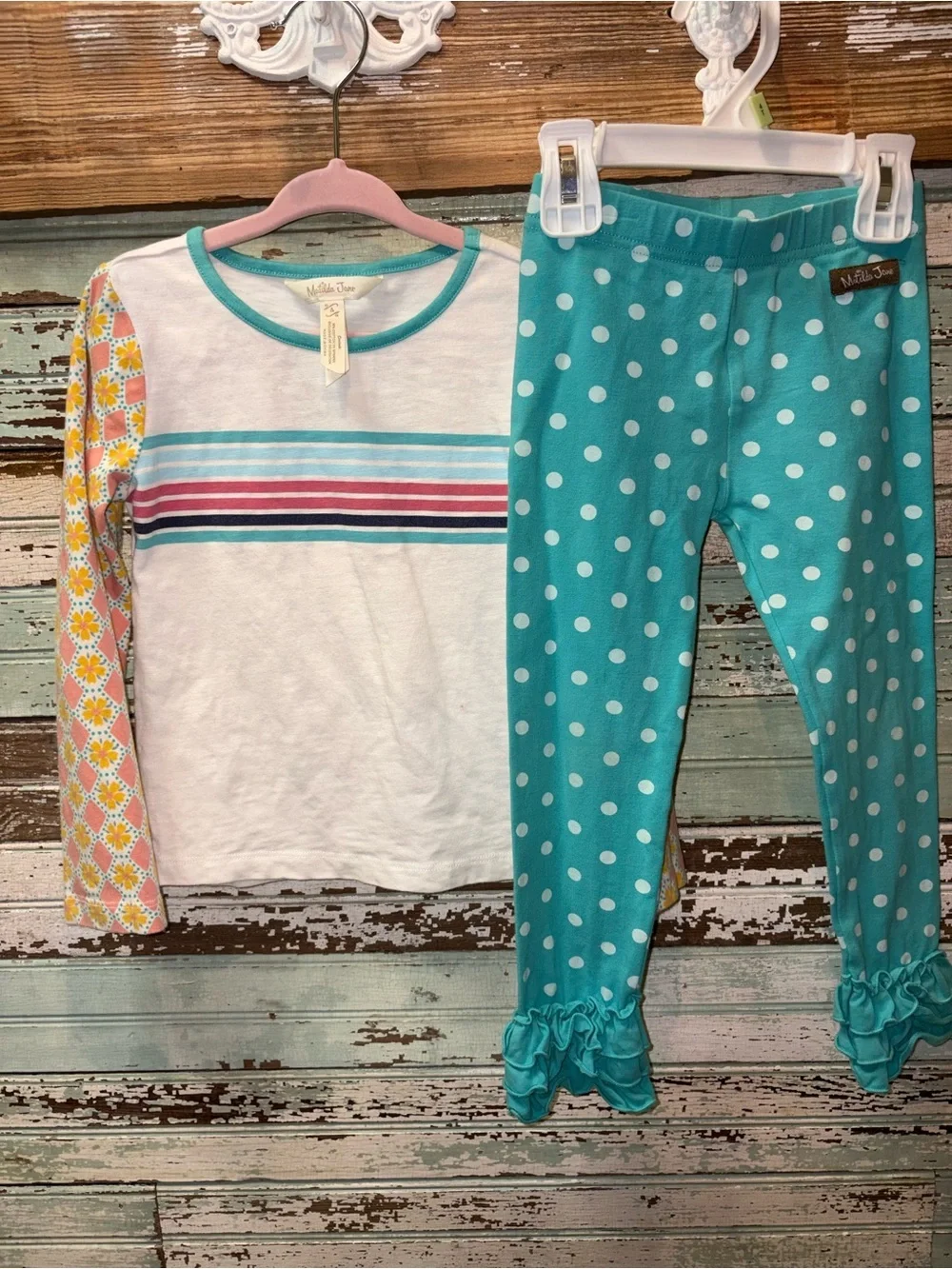 Matilda Jane White Top with Teal, Pink & Yellow 2 pc outfit Set